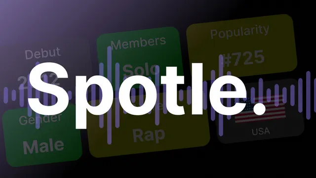 The Spotle logo over sample clue tiles for debut year, members, popularity, gender, genre and country